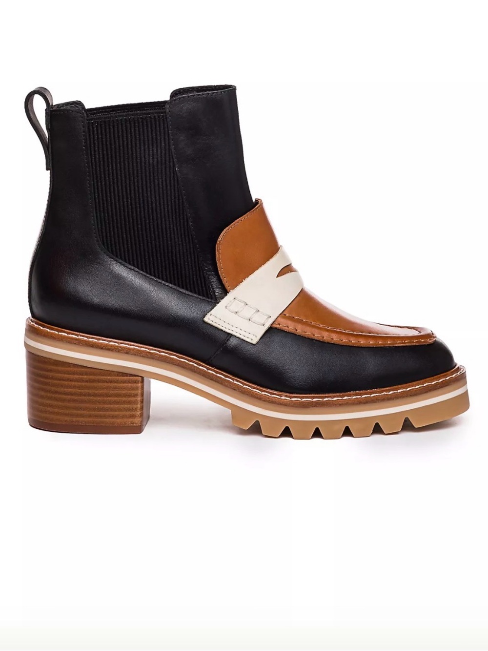 Bernardo Black Leather Chelsea Boot with Brown & Cream Strap Accents